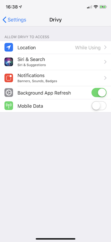 Drivy's settings with mobile data switched off